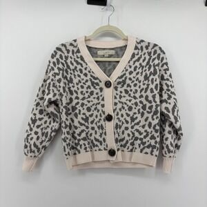 LOFT Cardigan Gray Cream Womens Size SP Petites Leopard Print Cotton V-Neck Knit